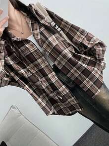 女士休闲宽松印花落肩长袖衬衫，适合春秋季、办公室、通勤和上学穿着。 - 棕色 - 查看 4