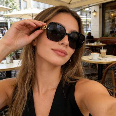 1 Pair Of Unisex Thick-Framed Square Black Sunglasses, UV400 Anti-Ultraviolet, Y2K Retro Light Luxury Style Sunglasses, Gold Decorative Details, Face-Slimming, Perfect For Street Snapshots