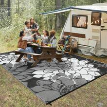 Hodeffior Outdoor Plastic Straw Rug 270x360cm Waterproof Reversible Floral Pattern Patio Carpet, Foldable Portable Outdoor Rug With Bag And 4 Stakes, UV Resistant Area Mat For Deck, Balcony, Camping, Picnic, RV - Black - View 2