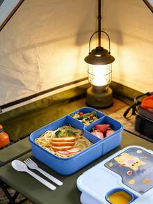 1pc New Cute Cartoon Compartment Bento Box With Utensils And Dipping Sauce Cups, 3 Divided Leak-Proof Plastic Lunch Box, Microwave , Picnic Box With Cartoon Pattern - Multicolor - View 6