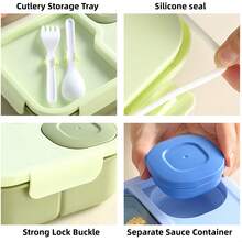 1pc New Cute Cartoon Compartment Bento Box With Utensils And Dipping Sauce Cups, 3 Divided Leak-Proof Plastic Lunch Box, Microwave , Picnic Box With Cartoon Pattern - Multicolor - View 9