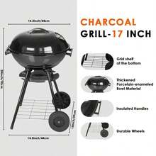 Round Portable Charcoal BBQ Grill With Lid, Large Capacity Cooking Grate Home, Camping & Outdoor Parties - Black - View 6
