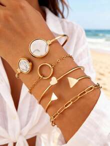 imoli 5pcs/Set Fashionable Minimalist Geometric Resin Plate Heart & Triangle Bracelet Set, Jewelry Gift Suitable For Women Summer Vacation - 21601-g - View 2