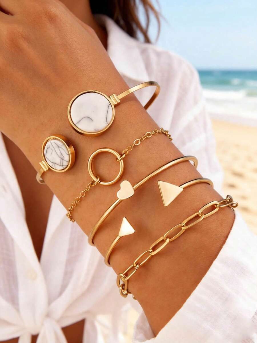 imoli 5pcs/Set Fashionable Minimalist Geometric Resin Plate Heart & Triangle Bracelet Set, Jewelry Gift Suitable For Women Summer Vacation