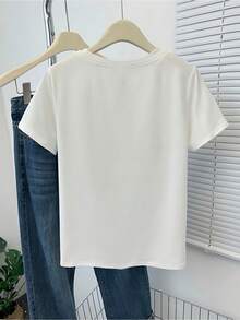 Camiseta de algodón de 180g con diseño estampado en la parte frontal (é con leche y letras), top de mujer para primavera/verano, cuello redondo, manga corta, adecuada para el uso diario, salidas casuales, versátil para el hogar y paseos al aire libre. Sencilla y adecuada para todos, estilo moderno y de nicho, la primera opción para parejas. - Blanco - Ver 2
