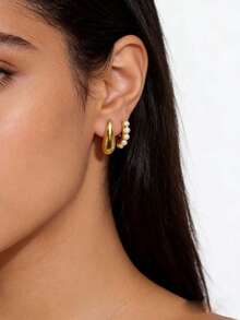 1对时尚新款一体式仿珍珠水滴螺旋夹式耳环，优雅设计，适合女性日常佩戴，节日礼物 - 耳夾 - 查看 3