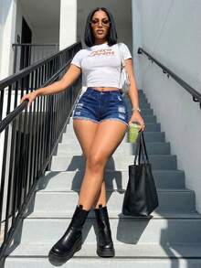 Jkorea High Waisted Distressed Denim Shorts - Ripped Mini Jean Shorts Blue - Dark Wash - View 3