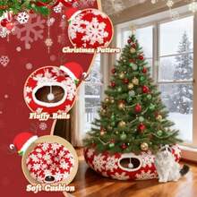 Cama túnel para gatos debajo del árbol de Navidad túneles plegables de 3 pies x 3 x 9.8 pulgadas para gatos de interior túnel decorativo de felpa de estilo navideño para gatos con cojín lavable para - Copo de nieve rojo. - Ver 3