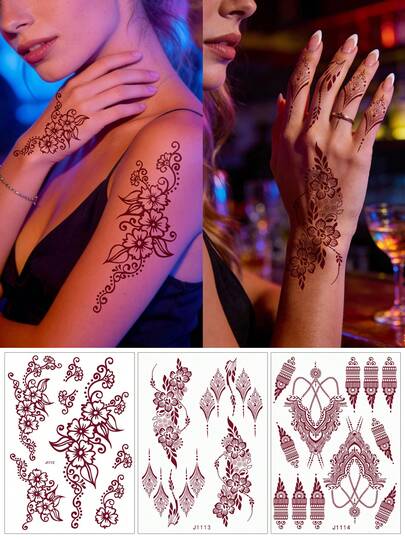 3张棕色花卉图案临时纹身贴纸，适合春夏使用 - 水转印，持久耐用，适用于手部和手指，棕色设计，是女性身体彩绘和节日人体彩绘的完美之选