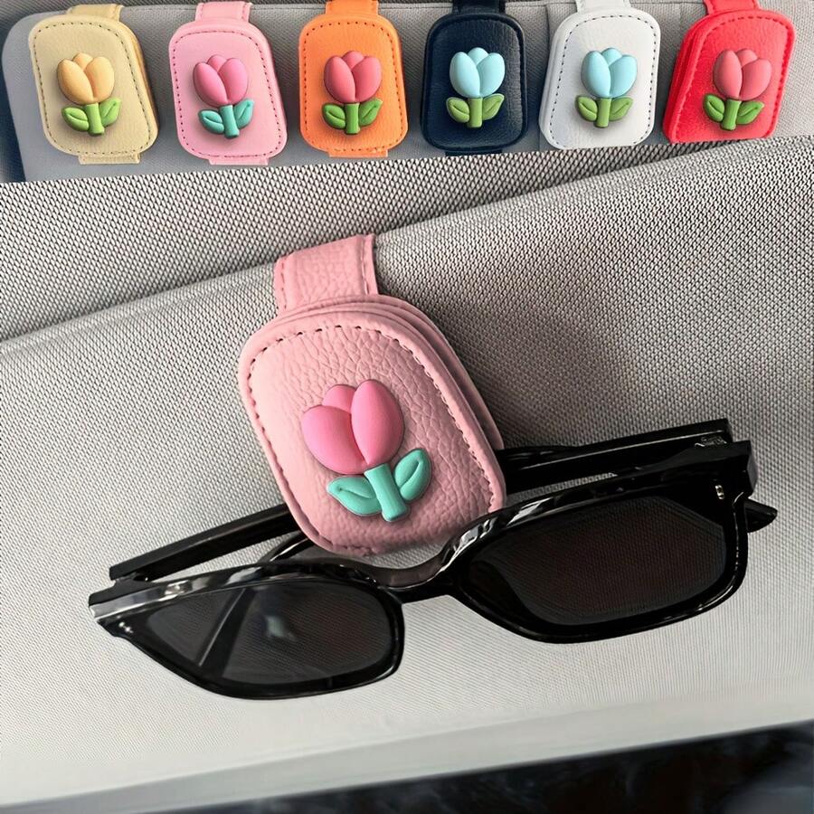 1 chiếc kẹp kính hình hoa tulip gắn trên tấm che nắng ô tô, giá đỡ kính thời trang từ tính, phụ kiện nội thất ô tô dành cho nữ - Quà tặng ngày lễ - hoa tulip - Xem 1