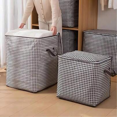 Houndstooth Pattern Foldable Storage Bag, Large Capacity, Breathable Wardrobe, Handled And Zippered Storage Box, Portable Storage Bag, Can Store Blankets, Bedding, Space-Saving Wardrobe Organizer, Suitable For Bedroom, Home, Dorm, Can Store Bedding, Also Can Be Used As Laundry Basket And Clean Clothes/Toy Storage Basket. Easter