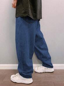 Men's Light Grey Washed Loose Fit Wide Leg Jeans - Streetwear Relaxed Denim Pants - Royal Blue - View 5