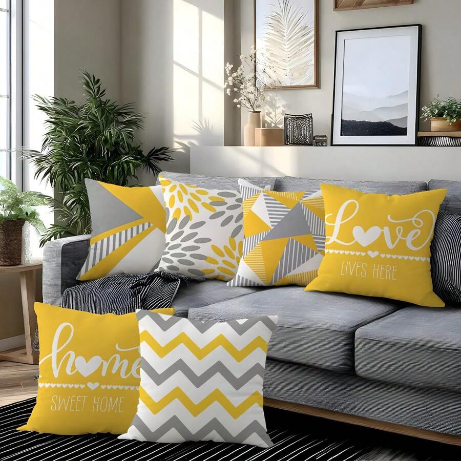 6件套现代简约黄灰色几何花卉“家，甜蜜的家，爱在这里”印花抱枕套【不含枕芯】，尺寸：17.7*17.7英寸（45*45厘米）/19.69*19.69英寸（50*50厘米）/15.75*15.75英寸（40*40厘米），【单面印花】涤纶装饰抱枕套，适用于沙发、床、客厅、卧室、汽车、办公室、酒店等场所，四季皆宜，是馈赠亲朋好友的完美礼物。 - 彩色 - 查看 1