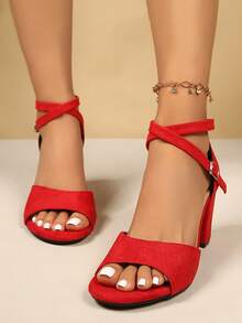 2026新款夏季女士中跟粗跟黑色凉鞋，学生百搭露趾单带罗马高跟鞋 - 紅色 - 查看 3