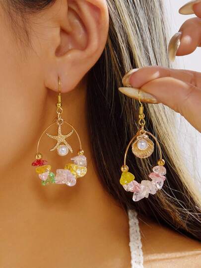 1 par de pendientes con estrella de concha y perla falsa - Adecuado para uso diario, ideal como regalo para fiestas o festivales