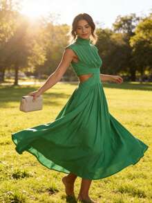 Women's Long Dress With High Neck, Sleeveless, Elegant Women's Dress With Side Cutouts And Pockets - 綠色 - 查看 3