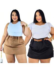 Short Skirt Plus Size Tailored With Belt Various Colors Summer - KIT 2 NEGRO/BEIGE - Ver 1