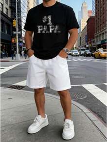 Conjunto masculino casual de dos piezas estilo minimalista con estampado #1 Papa en algodón ajuste holgado cuello redondo manga corta primavera verano uso familiar y diario set - Negro 1 - Ver 3