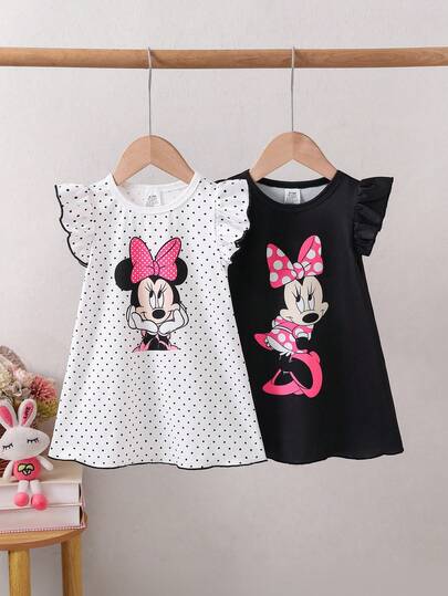  Bộ đồ ngủ 2 món màu đen trắng in hình chuột Minnie dễ thương dành cho bé gái của Disney, kiểu dáng dài ngang gối, cổ tròn, tay ngắn, thích hợp mặc mùa hè.