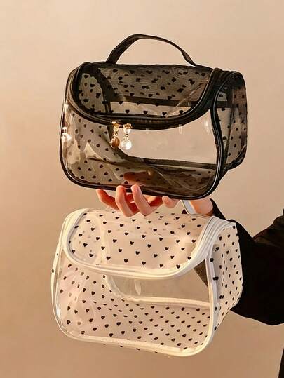 Large Capacity Heart-Shaped Grid Cosmetic Bag - Frosted Transparent Makeup And Toiletry Storage Pouch, Black & White Heart Pattern, Lightweight Travel Organizer Suitable For Office, Home Or Daily Use, Mother's Day Gift, Travel Essential