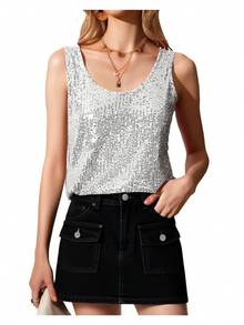 Sequin Tops For Women Sleeveless Scoop Neck Sparkle Shimmer Tanks Tops Sexy Party Base Tank Top Fashion Shimmer Cami - 銀色 - 查看 3