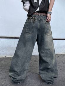 Hearty Haven 1件裝 美式男士街頭風刺繡做舊寬腿寬鬆休閒舒適學院風原色下擺四季百搭牛仔褲 - 不含腰帶與配件 - 霧霾藍 - 查看 8