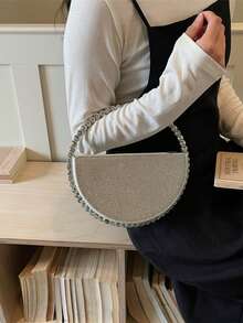 奢华全镶钻圆形手提包，华丽精致的高端手拿包，闪耀水晶派对钱包，优雅淑女手提包 - 銀色 - 查看 4