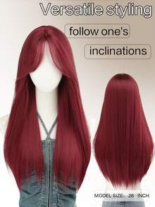 1pc Synthetic Heat-Resistant Straight Wig, Brown/Red/White, Middle Part Bangs, 26 Inch Long, Fully Machine Wefted Natural Looking Wig For Daily Wear - Multicolor - View 9