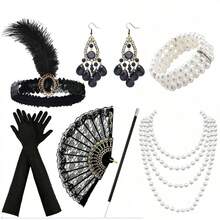 Juego de 9 piezas de accesorios retro de los años 20 para Halloween y carnaval: Diadema con plumas + Abanico de encaje + Guantes largos + Collar de perlas + Pulsera de perlas + Boquilla para cigarrillos + Aretes, Disfraz de fiesta vintage, regalo de cumpleaños de moda - Negro - Ver 2