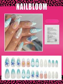 24 Peças Unhas Postiças de Amêndoa Média Estilo Oceano com Decoração de Estrela-do-mar 3D, Lágrima, Flores e Contas Douradas, Unhas Falsas de Cobertura Completa Nude Brilhante para Uso Diário para Mulheres e Meninas, Arte de Unhas - Multicolorido - Visão 2