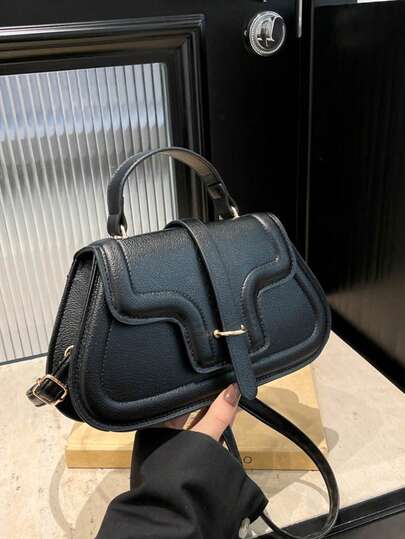 Black Classic Women's Handbag, Strap Design Large Capacity Durable Shoulder Bag, Suitable For Office Lady