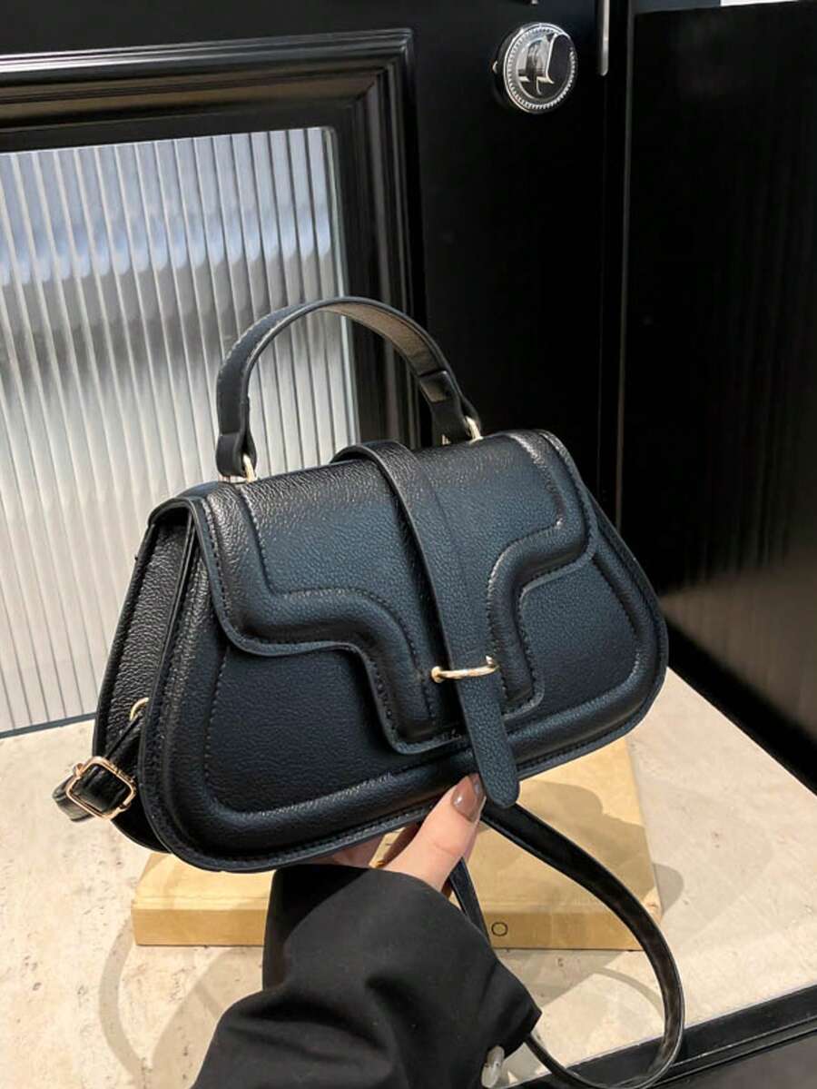 黑色经典女士手提包，肩带设计，大容量耐用单肩包，适合职业女性 - 黑色 - 查看 1