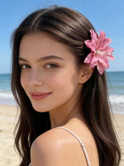 1pc Bohemian Style Artificial Dried Lily Flower Duck Clip, Women's Side Bangs Hair Clip, Beach Vacation Atmosphere Hair Accessory, Claw Clips