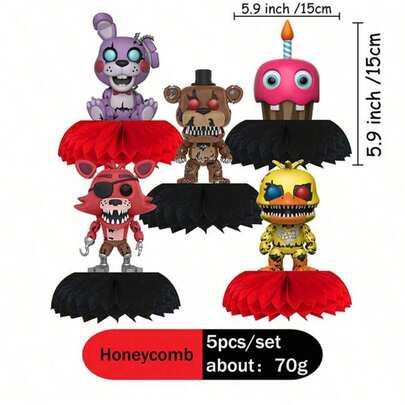 Five Nights at Freddy's 5pcs Honeycomb Decor, Bear Themed Party Decorations, Cartoon Game Party Supplies, Small Gifts, Party Favors