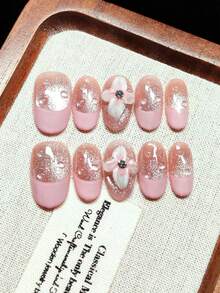按压式假指甲，手工制作，可佩戴，短椭圆形指甲款式，法式粉色渐变冰花猫眼，银色细闪，粉色法式镶边，手工3D白色雕刻，透明圆珠，闪亮钻石，温柔甜美风格，精致梦幻，可重复使用 - 粉色 - 查看 4