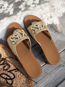 Sandalias planas de mujer para el verano, con diseño de cruce de rayas y lámina metálica, adecuadas para vacaciones, fiestas, calle, regalos, interior, playa, casual, ligeras y fáciles de poner. Zapatos brillantes de unicolor con letras metálicas, elegantes, casuales, para exterior, calle, vacaciones, fiesta, interior, primavera/verano - Albaricoque - Ver 4