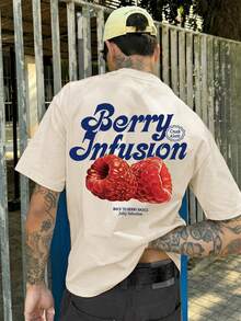 Camiseta de manga corta de cuello redondo con estampado de letras azul y rojo frambuesa de doble cara, de moda callejera casual de verano para hombres FRACTYR - Albaricoque - Ver 1