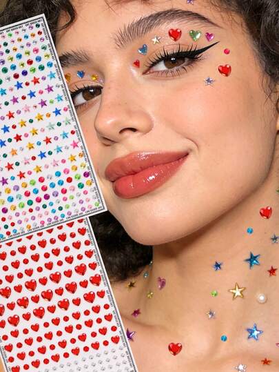 2pcs Multi-Colored 3D Glitter Five-Pointed Star & Big Red Heart Shaped Rhinestone Face Jewels, Suitable For Eyes, Nails, Face Decoration, Applicable For Music Festivals, Carnivals, Valentine's Day, Y2K Style Parties, Daily Decoration, Makeup Parties, Balls, Can Be Used For Hair, Eyes, Face, Body Decoration
