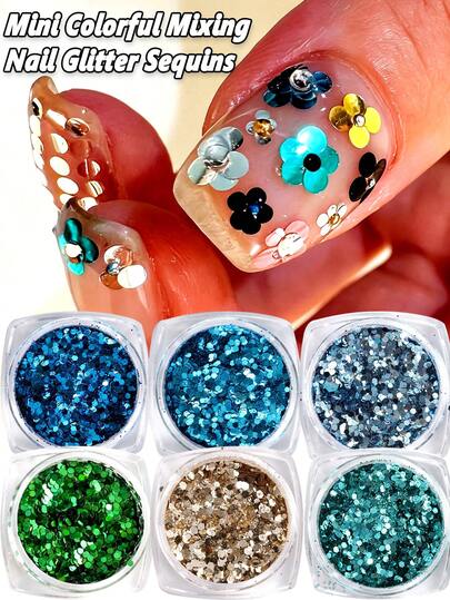 Hạt kim tuyến hình lục giác màu bạc lấp lánh cho móng tay, màu xanh bạc hà, xanh lá cây, 3D, dạng vảy mịn, nhiều kích cỡ, dùng để trang trí móng tay DIY.