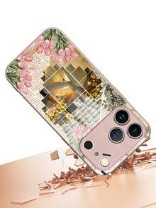 1pc Customizable Heart-Shaped Photo, Vintage Tulip & Floral Pattern Phone Case, Made Of Tempered Glass Back + TPU Soft Edge, Suitable For Samsung S26Ultra/S25Plus/S24 Series And Apple 17ProMax/16ProMax/15Pro/14Plus/13Pro/12ProMax/11/XsMax/8/7/6Plus, Can Be Used As Birthday Gift, Gift For Girlfriend/Boyfriend, Or Personal Use - Hồng - Xem 3