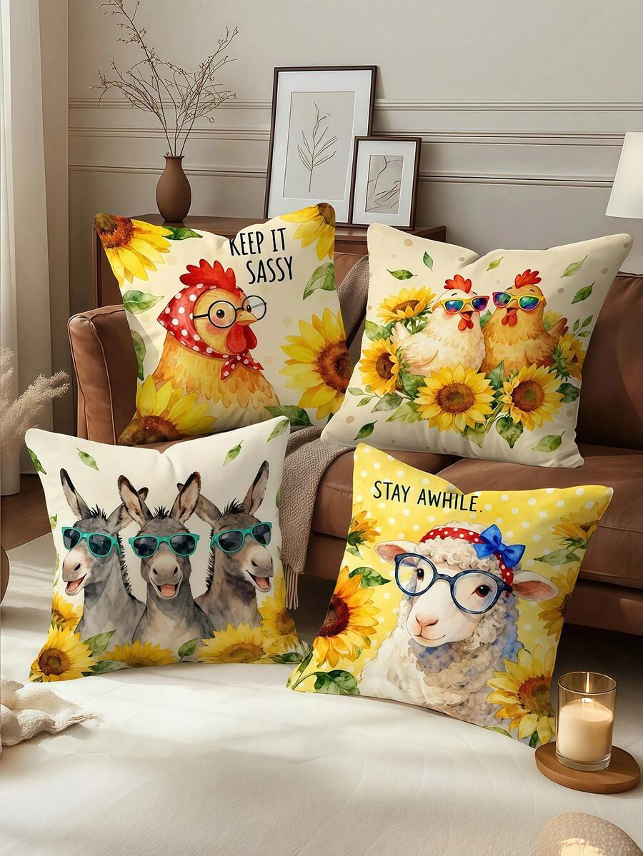 4pcs Farm Animal Sunflower Throw Pillow Covers, Yellow Green Funny Decorative Pillowcases, One-Sided Printing, Country-Rustic Style, Machine Washable, Zipper Closure, Polyester, For Living Room, Bedroom, Sofa, Bed Decor, No Pillow Inserts Included - Yellow - View 1