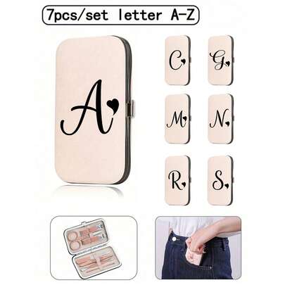 7pcs Initial Letter Print Travel Nail Grooming Kit, Black A-Z Letter, Large Capacity Nail Care Storage Box, Stainless Steel Tools, Super Sharp Splash-Proof Nail Clipper Set, Classic Design Scissor Case, Suitable For Beauty Essentials, Travel, Dorm, Home. Ideal For Birthday, Graduation, Travel Accessories, Mother's Day Gift, Spring/Summer Essentials