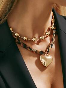 2件套波西米亚几何串珠心形吊坠豹纹项链，简约优雅，适合日常休闲、派对、街头风、情侣约会、度假、节日生日等场合，百搭饰品，是馈赠佳品。 - 項鍊 - 查看 1