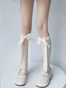 1 đôi tất lụa có dây buộc nơ, tất nhung mềm mại chống trơn trượt màu trắng dành cho nữ, thích hợp cho mùa xuân/hè. - Nhiều màu - Xem 9
