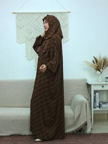 Vintage Floral One-Piece Prayer Robe With Headscarf, Loose Long Gown For Muslim Daily Prayer And Home Use - Mocha Brown - View 6