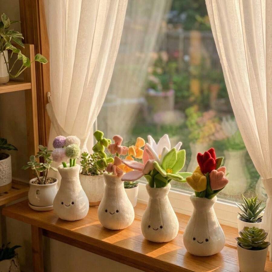 1个可爱仿真花盆毛绒娃娃,百合、蒲公英、兰花、郁金香花束带花瓶,可拆卸花朵娃娃,母亲节/节日礼物,家居/办公室/卧室装饰,生日礼物 - 彩色 - 查看 1