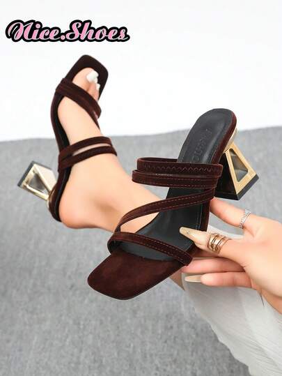 Women's Square Toe Strap Suede Triangular Asymmetric Heel Slide Sandals, Luxury Elegant Style Suitable For Daily Commute, Dating, Party, Shopping - Brown Square Toe Strap Suede Triangular Asymmetric Heel Slide Sandals, Black Square Toe Strap Suede Triangular Asymmetric Heel Slide Sandals