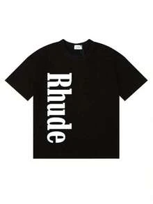 Graphic-Shirt Cotton Tees Size Plus,Rhude Men's Casual Cotton T-Shirt - Short Sleeve, Black With White Logo Print, Round Neck, Machine Washable, All-Season Comfort Fit For Adults, Retro T Shirt ,Y2K,Oversized Shirt Men,Summer Tops - màu đen - Xem 1
