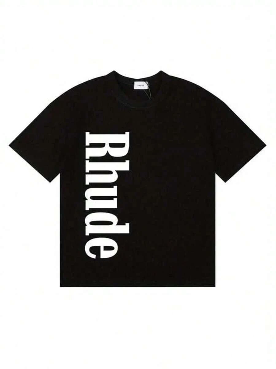 Graphic-Shirt Cotton Tees Size Plus,Rhude Men's Casual Cotton T-Shirt - Short Sleeve, Black With White Logo Print, Round Neck, Machine Washable, All-Season Comfort Fit For Adults, Retro T Shirt ,Y2K,Oversized Shirt Men,Summer Tops - màu đen - Xem 1