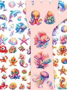 Glitter Temporary Tattoo Stickers, 12 Sheets Of Cartoon Marine Life Series, 150 Cute Dolphins, Sharks, Jellyfish, Starfish, Octopus, Crab, Fish, Ocean Elements Patterns, Body And Arm Art Makeup Tattoo Stickers, Waterproof And Lasts 2-5 Days - Multicolor - View 3
